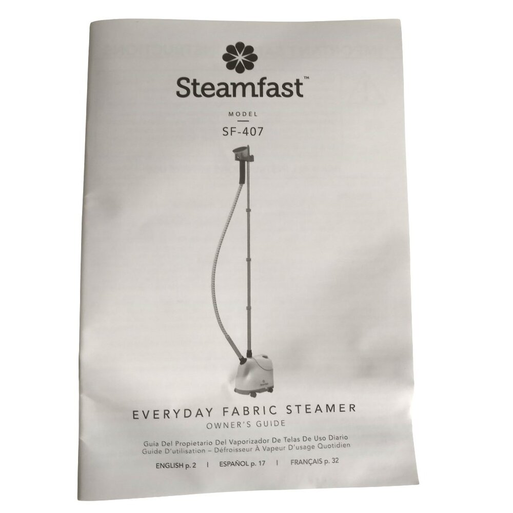 Steamfast SF-407 Garment Fabric Steamer Instruction User Manual Booklet